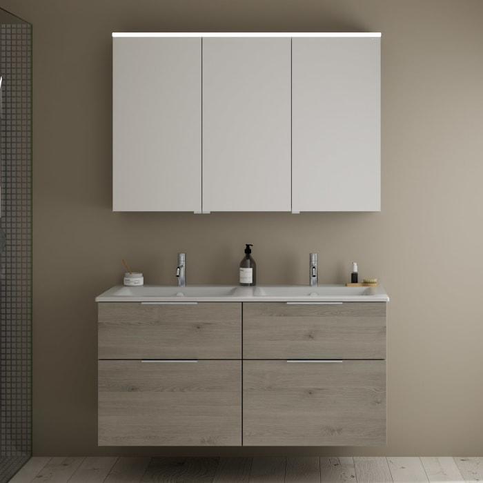 burgbad Eqio Badmöbel-Set 122 cm mit Keramik-Doppelwaschtisch Slim und Unterschrank mit Griff G0146, mit Spiegelschrank