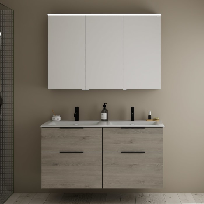 burgbad Eqio Badmöbel-Set 122 cm mit Keramik-Doppelwaschtisch Slim und Unterschrank mit Griff G0200, mit Spiegelschrank