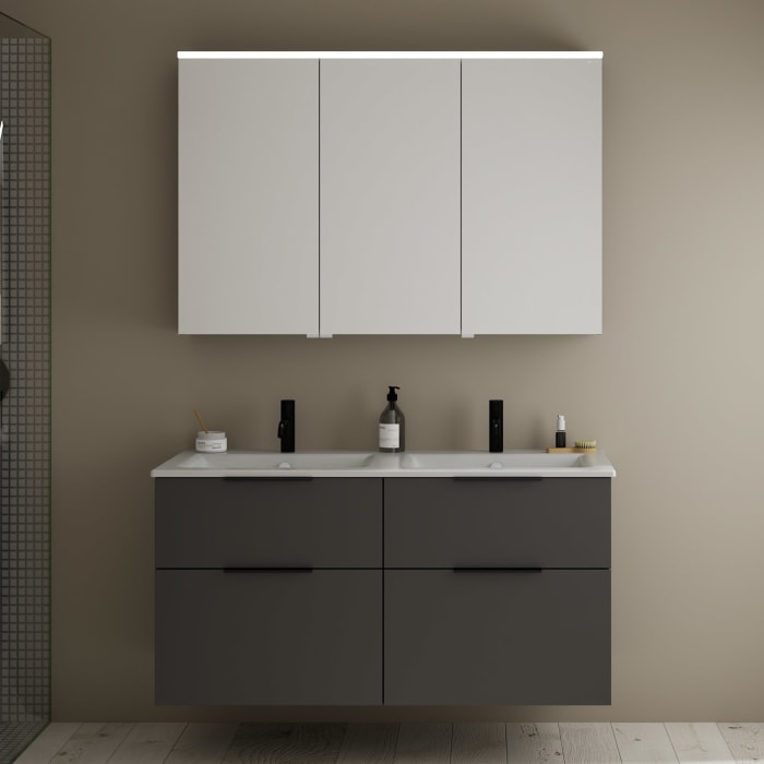 burgbad Eqio Badmöbel-Set 122 cm mit Keramik-Doppelwaschtisch Slim und Unterschrank mit Griff G0200, mit Spiegelschrank