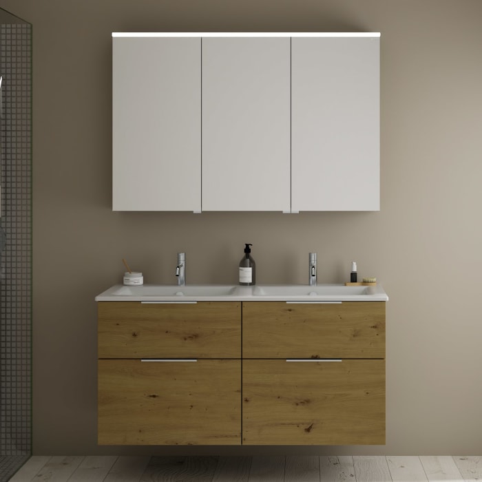 burgbad Eqio Badmöbel-Set 122 cm mit Keramik-Doppelwaschtisch Slim und Unterschrank mit Griff G0146, mit Spiegelschrank