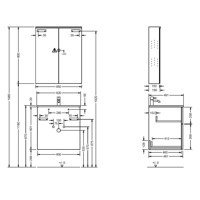 burgbad Eqio Badmöbel-Set 65 cm mit Keramik-Waschtisch Slim und Unterschrank mit Griff G0200, mit Spiegelschrank