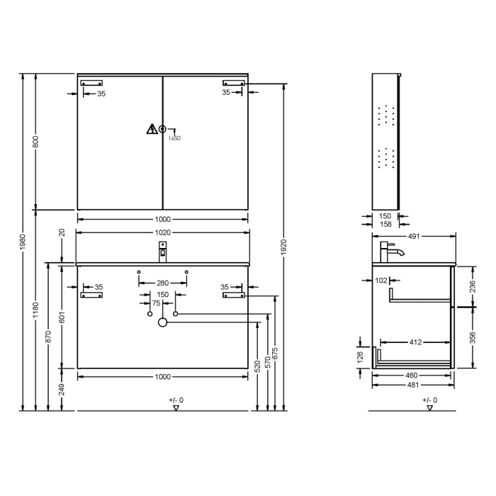 burgbad Eqio Badmöbel-Set 102 cm mit Keramik-Waschtisch Slim und Unterschrank mit Griff G0146, mit Spiegelschrank