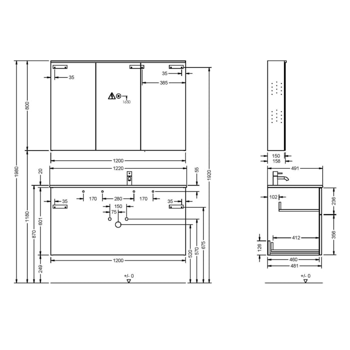 burgbad Eqio Badmöbel-Set 122 cm mit Keramik-Waschtisch Slim und Unterschrank mit Griff G0200, mit Spiegelschrank