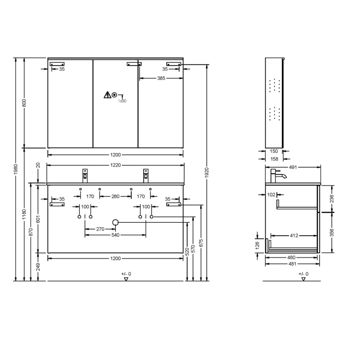 burgbad Eqio Badmöbel-Set 122 cm mit Keramik-Waschtisch Slim und Unterschrank mit Griff G0146, mit Spiegelschrank