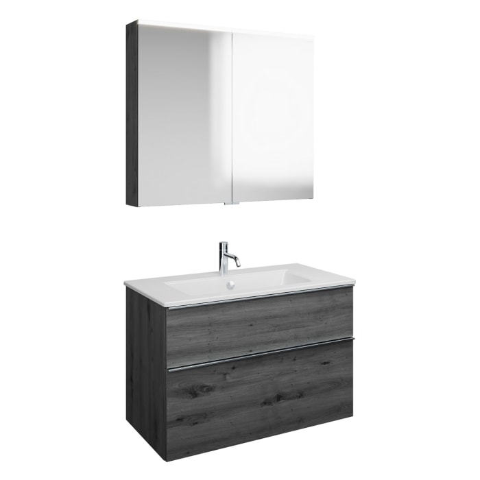 burgbad Eqio Badmöbel-Set 92 cm mit Keramik-Waschtisch Slim und Unterschrank mit Griffleiste G0251, mit Spiegelschrank