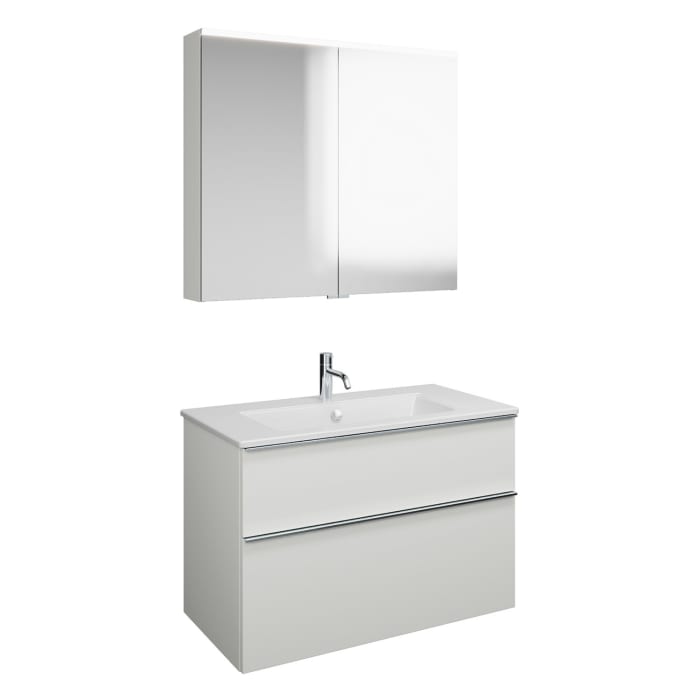 burgbad Eqio Badmöbel-Set 92 cm mit Keramik-Waschtisch Slim und Unterschrank mit Griffleiste G0251, mit Spiegelschrank