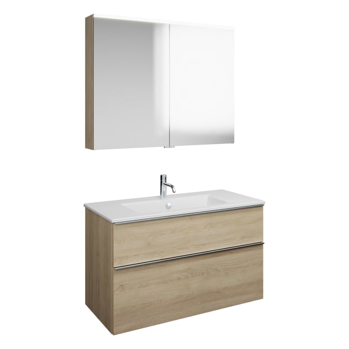 burgbad Eqio Badmöbel-Set 102 cm mit Keramik-Waschtisch Slim und Unterschrank mit Griffleiste G0251, mit Spiegelschrank