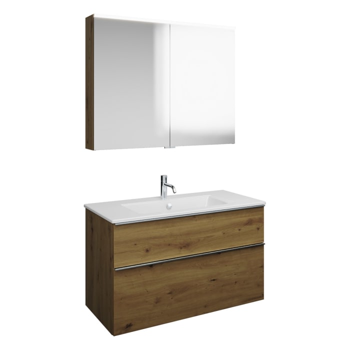 burgbad Eqio Badmöbel-Set 102 cm mit Keramik-Waschtisch Slim und Unterschrank mit Griffleiste G0251, mit Spiegelschrank
