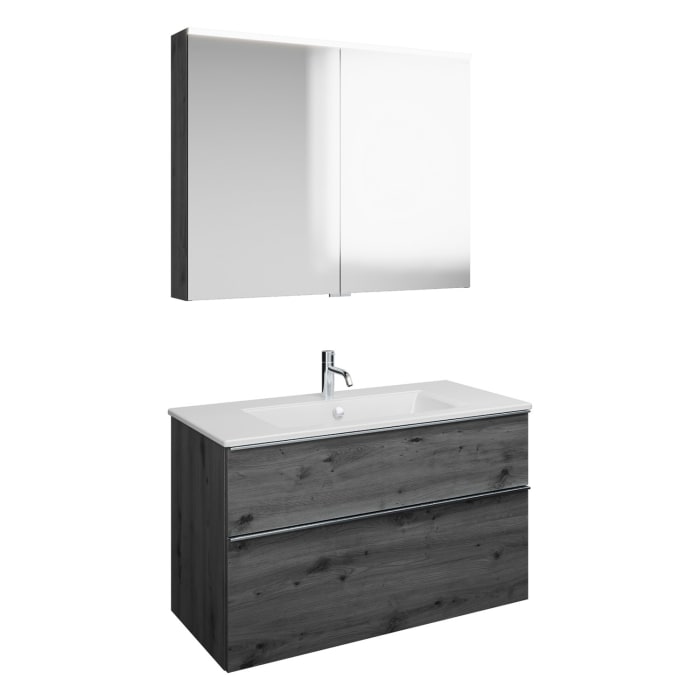 burgbad Eqio Badmöbel-Set 102 cm mit Keramik-Waschtisch Slim und Unterschrank mit Griffleiste G0251, mit Spiegelschrank