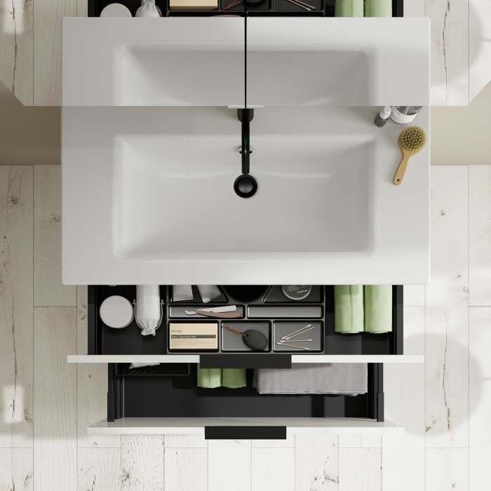 burgbad Eqio Badmöbel-Set 92 cm mit Keramik-Waschtisch Slim und Unterschrank mit Griff G0200, mit Spiegelschrank