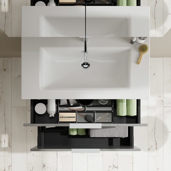 burgbad Eqio Badmöbel-Set 92 cm mit Keramik-Waschtisch Slim und Unterschrank mit Griff G0146, mit Spiegelschrank