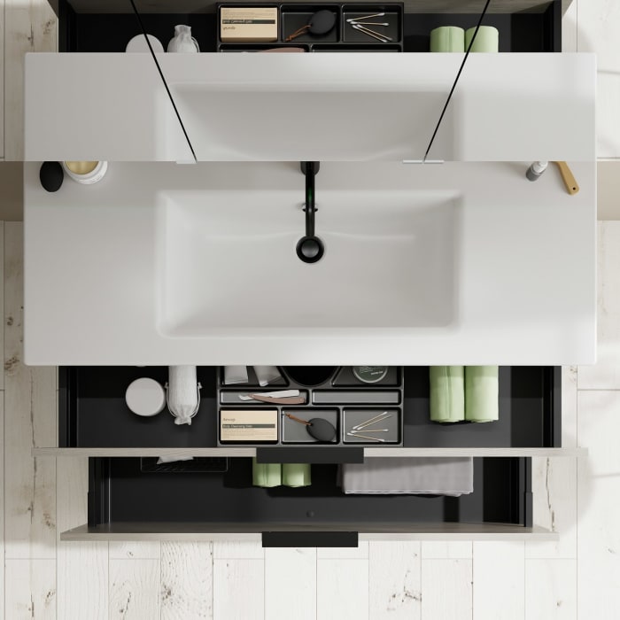 burgbad Eqio Badmöbel-Set 122 cm mit Keramik-Waschtisch Slim und Unterschrank mit Griff G0200, mit Spiegelschrank