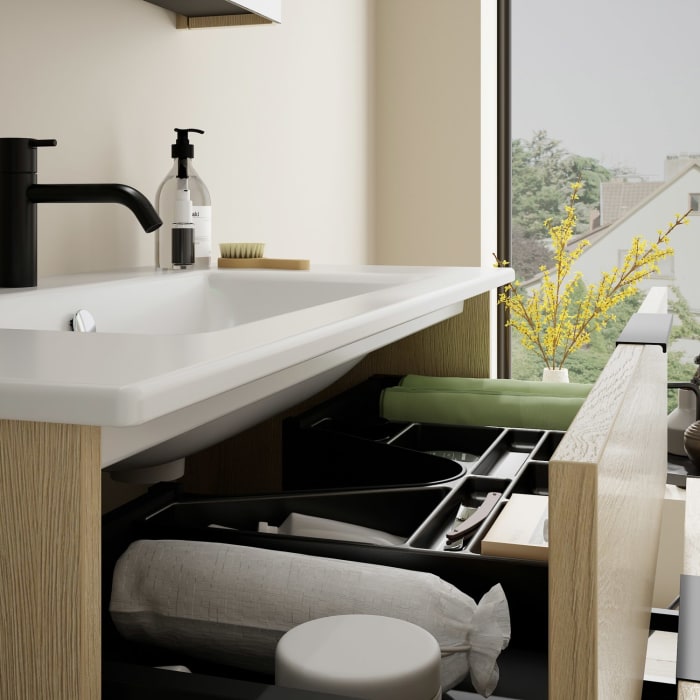 burgbad Eqio Badmöbel-Set 102 cm mit Keramik-Waschtisch Slim und Unterschrank mit Griff G0200, mit Spiegelschrank