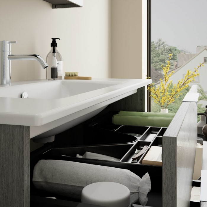 burgbad Eqio Badmöbel-Set 102 cm mit Keramik-Waschtisch Slim und Unterschrank mit Griff G0146, mit Spiegelschrank