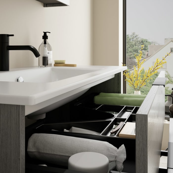 burgbad Eqio Badmöbel-Set 102 cm mit Keramik-Waschtisch Slim und Unterschrank mit Griff G0200, mit Spiegelschrank