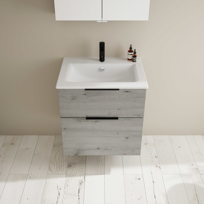 burgbad Eqio Badmöbel-Set 65 cm mit Keramik-Waschtisch Slim und Unterschrank mit Griff G0200, mit Spiegelschrank