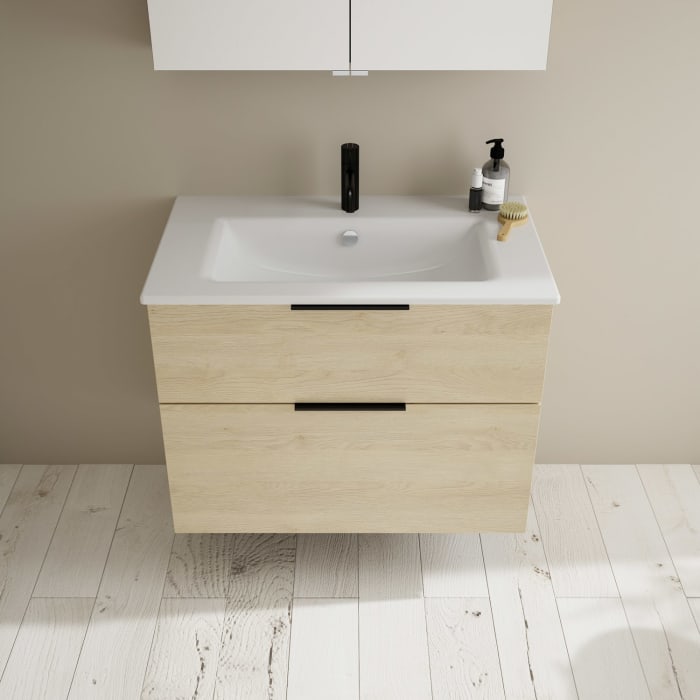 burgbad Eqio Badmöbel-Set 82 cm mit Keramik-Waschtisch Slim und Unterschrank mit Griff G0200, mit Spiegelschrank