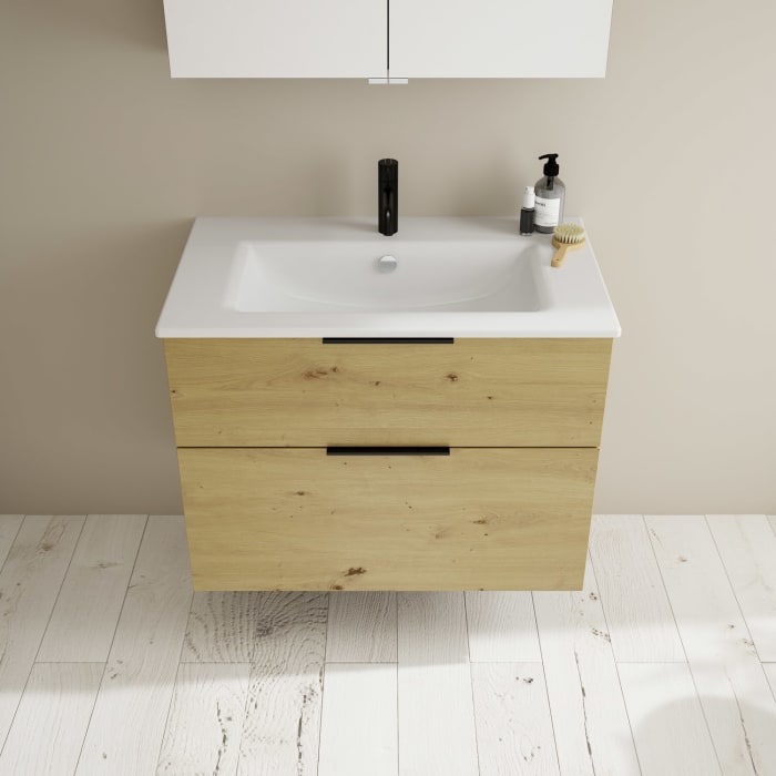 burgbad Eqio Badmöbel-Set 82 cm mit Keramik-Waschtisch Slim und Unterschrank mit Griff G0200, mit Spiegelschrank