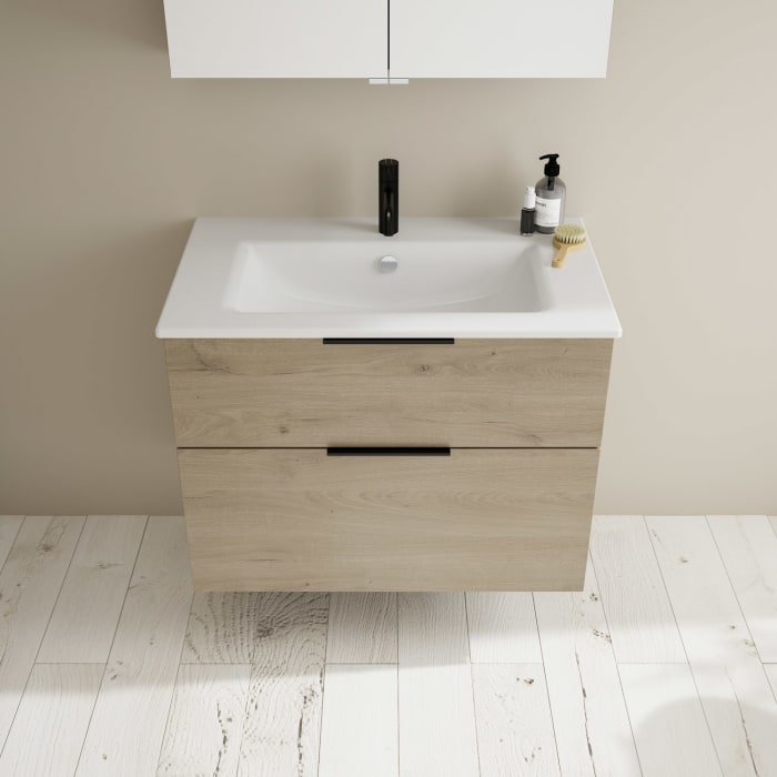 burgbad Eqio Badmöbel-Set 82 cm mit Keramik-Waschtisch Slim und Unterschrank mit Griff G0200, mit Spiegelschrank