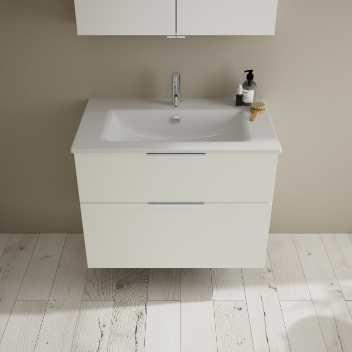 burgbad Eqio Badmöbel-Set 82 cm mit Keramik-Waschtisch Slim und Unterschrank mit Griff G0146, mit Spiegelschrank