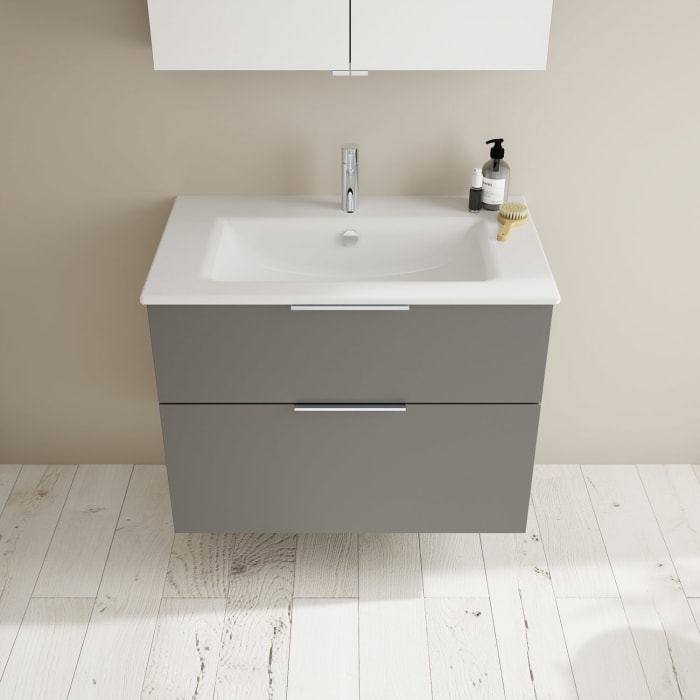 burgbad Eqio Badmöbel-Set 82 cm mit Keramik-Waschtisch Slim und Unterschrank mit Griff G0146, mit Spiegelschrank