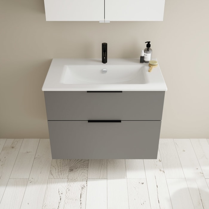 burgbad Eqio Badmöbel-Set 82 cm mit Keramik-Waschtisch Slim und Unterschrank mit Griff G0200, mit Spiegelschrank