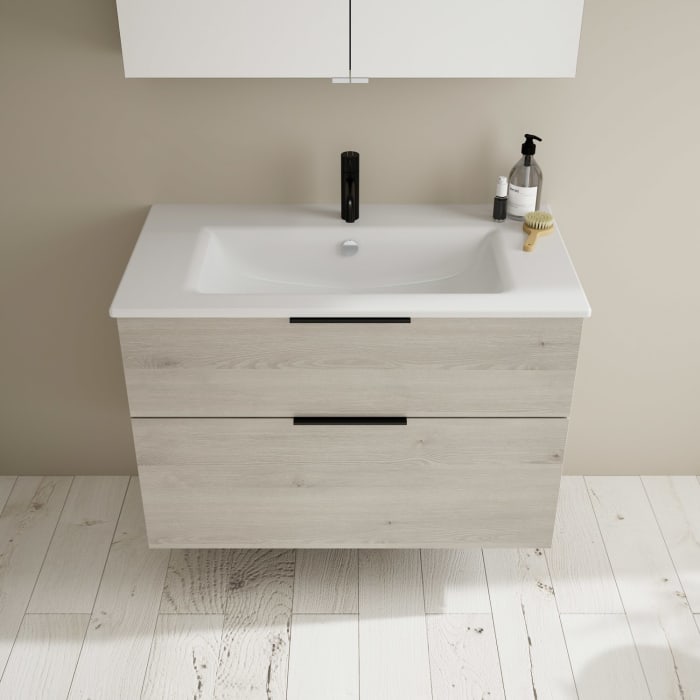 burgbad Eqio Badmöbel-Set 92 cm mit Keramik-Waschtisch Slim und Unterschrank mit Griff G0200, mit Spiegelschrank