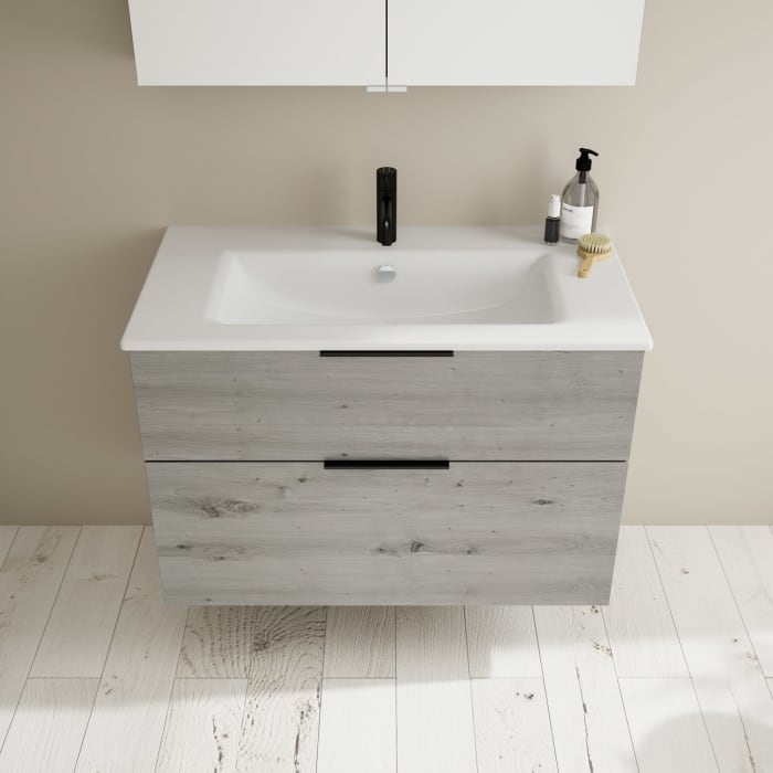 burgbad Eqio Badmöbel-Set 92 cm mit Keramik-Waschtisch Slim und Unterschrank mit Griff G0200, mit Spiegelschrank