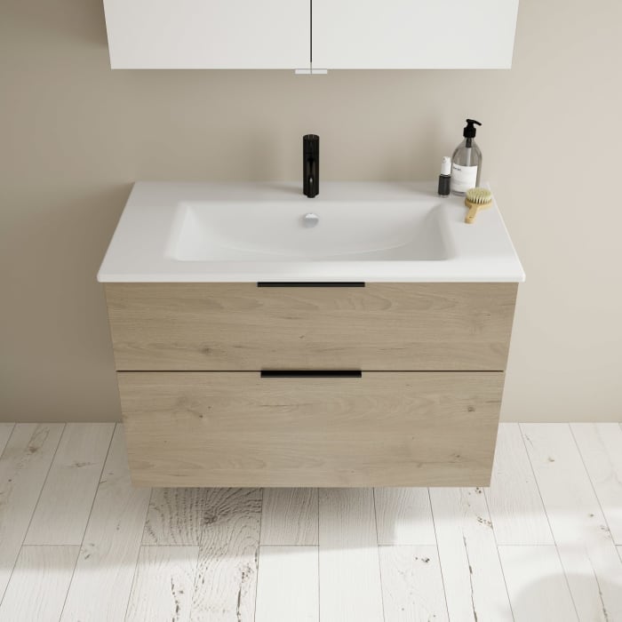 burgbad Eqio Badmöbel-Set 92 cm mit Keramik-Waschtisch Slim und Unterschrank mit Griff G0200, mit Spiegelschrank