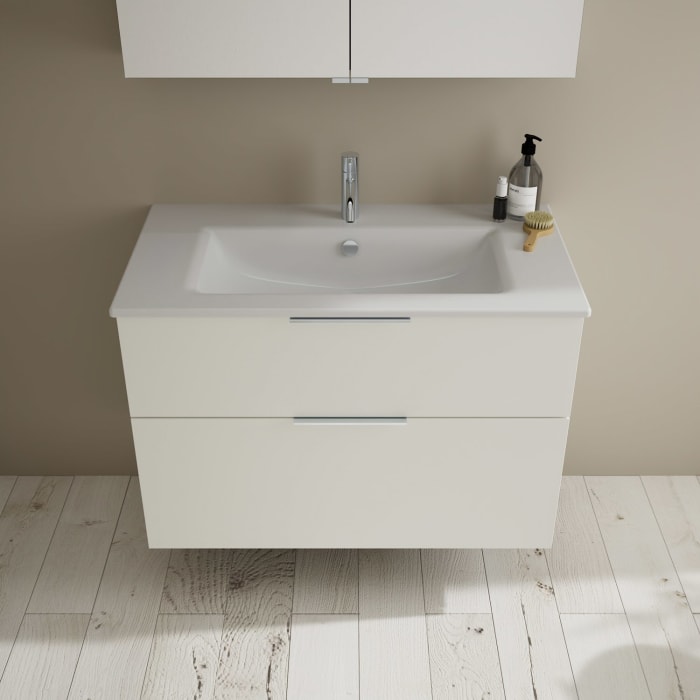 burgbad Eqio Badmöbel-Set 92 cm mit Keramik-Waschtisch Slim und Unterschrank mit Griff G0146, mit Spiegelschrank