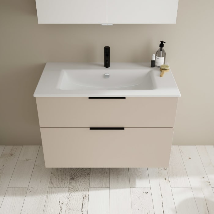 burgbad Eqio Badmöbel-Set 92 cm mit Keramik-Waschtisch Slim und Unterschrank mit Griff G0200, mit Spiegelschrank