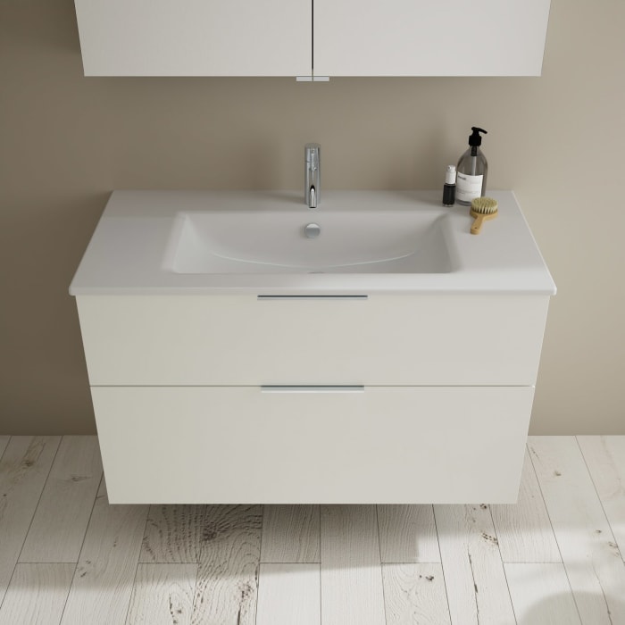 burgbad Eqio Badmöbel-Set 102 cm mit Keramik-Waschtisch Slim und Unterschrank mit Griff G0146, mit Spiegelschrank