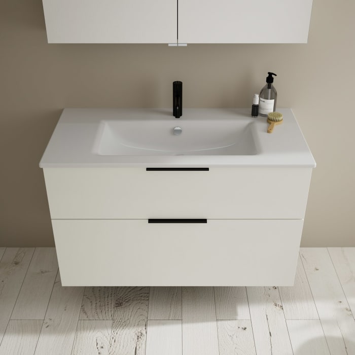 burgbad Eqio Badmöbel-Set 102 cm mit Keramik-Waschtisch Slim und Unterschrank mit Griff G0200, mit Spiegelschrank