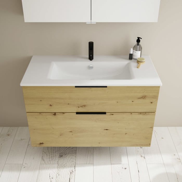 burgbad Eqio Badmöbel-Set 102 cm mit Keramik-Waschtisch Slim und Unterschrank mit Griff G0200, mit Spiegelschrank