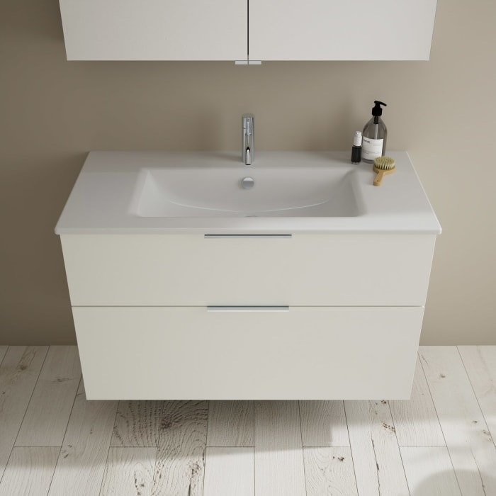 burgbad Eqio Badmöbel-Set 102 cm mit Keramik-Waschtisch Slim und Unterschrank mit Griff G0146, mit Spiegelschrank