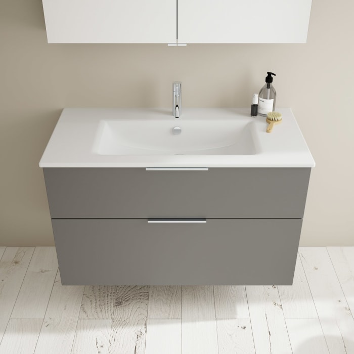 burgbad Eqio Badmöbel-Set 102 cm mit Keramik-Waschtisch Slim und Unterschrank mit Griff G0146, mit Spiegelschrank