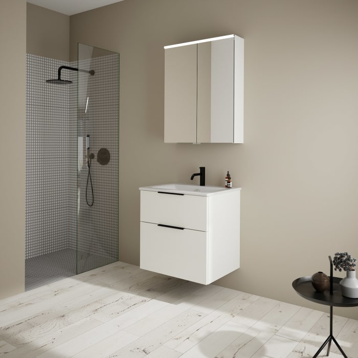 burgbad Eqio Badmöbel-Set 65 cm mit Keramik-Waschtisch Slim und Unterschrank mit Griff G0200, mit Spiegelschrank