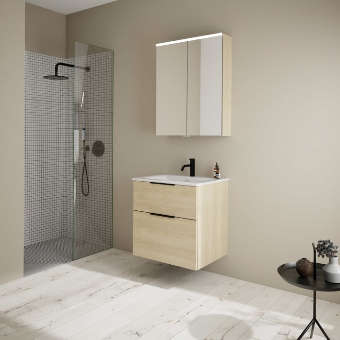 burgbad Eqio Badmöbel-Set 65 cm mit Keramik-Waschtisch Slim und Unterschrank mit Griff G0200, mit Spiegelschrank