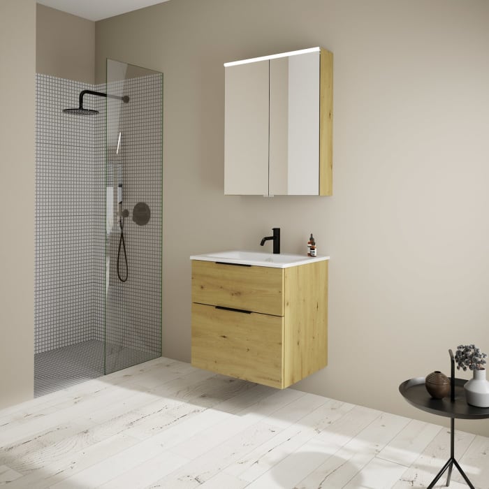 burgbad Eqio Badmöbel-Set 65 cm mit Keramik-Waschtisch Slim und Unterschrank mit Griff G0200, mit Spiegelschrank