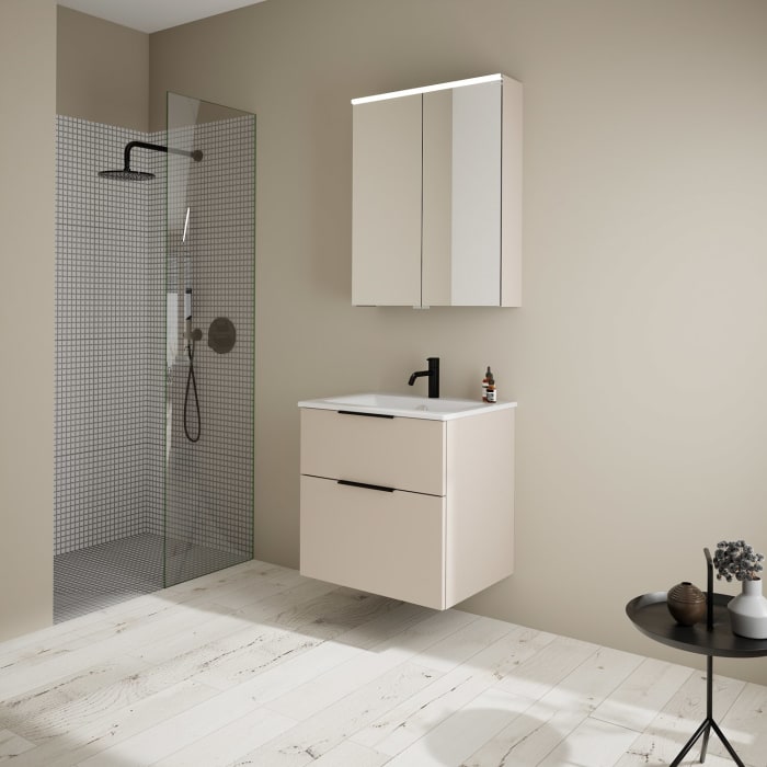 burgbad Eqio Badmöbel-Set 65 cm mit Keramik-Waschtisch Slim und Unterschrank mit Griff G0200, mit Spiegelschrank