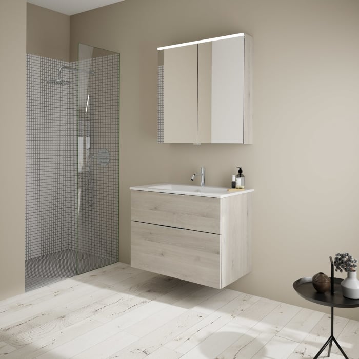 burgbad Eqio Badmöbel-Set 82 cm mit Keramik-Waschtisch Slim und Unterschrank mit Griff G0146, mit Spiegelschrank