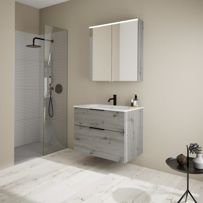 burgbad Eqio Badmöbel-Set 82 cm mit Keramik-Waschtisch Slim und Unterschrank mit Griff G0200, mit Spiegelschrank