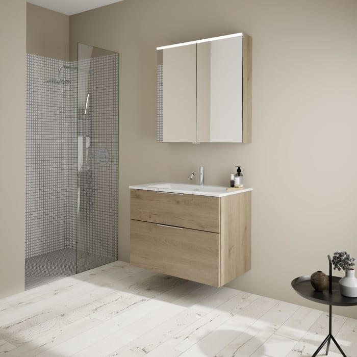 burgbad Eqio Badmöbel-Set 82 cm mit Keramik-Waschtisch Slim und Unterschrank mit Griff G0146, mit Spiegelschrank