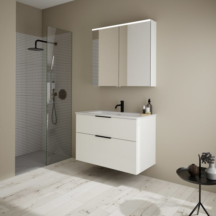 burgbad Eqio Badmöbel-Set 92 cm mit Keramik-Waschtisch Slim und Unterschrank mit Griff G0200, mit Spiegelschrank