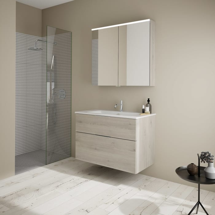 burgbad Eqio Badmöbel-Set 92 cm mit Keramik-Waschtisch Slim und Unterschrank mit Griff G0146, mit Spiegelschrank