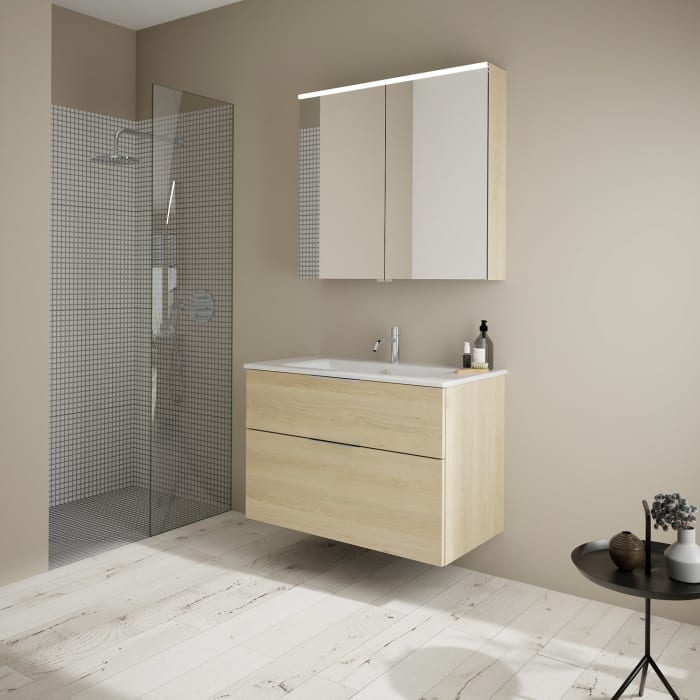 burgbad Eqio Badmöbel-Set 92 cm mit Keramik-Waschtisch Slim und Unterschrank mit Griff G0146, mit Spiegelschrank