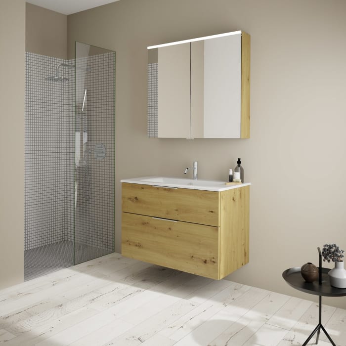 burgbad Eqio Badmöbel-Set 92 cm mit Keramik-Waschtisch Slim und Unterschrank mit Griff G0146, mit Spiegelschrank