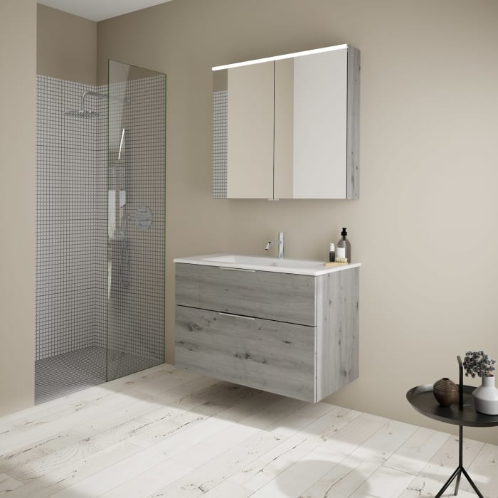 burgbad Eqio Badmöbel-Set 92 cm mit Keramik-Waschtisch Slim und Unterschrank mit Griff G0146, mit Spiegelschrank