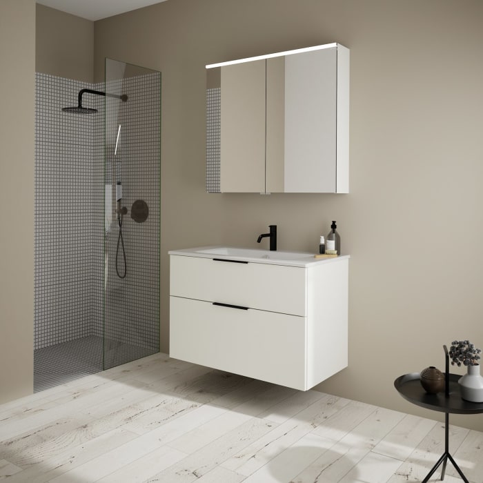 burgbad Eqio Badmöbel-Set 92 cm mit Keramik-Waschtisch Slim und Unterschrank mit Griff G0200, mit Spiegelschrank