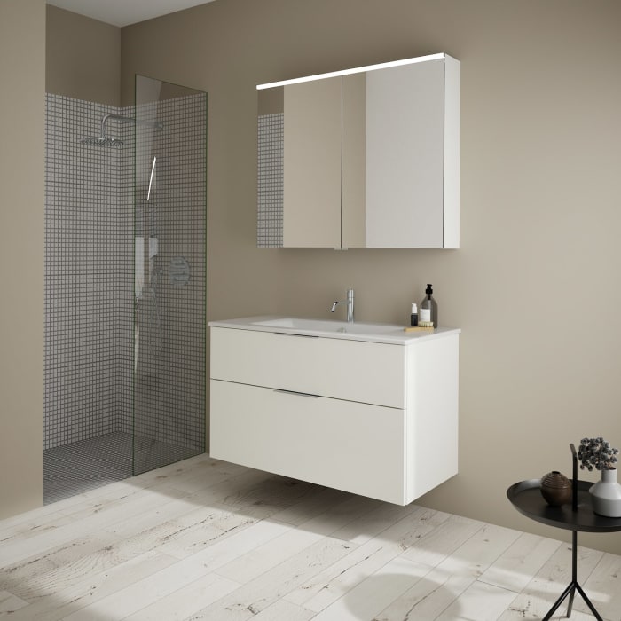 burgbad Eqio Badmöbel-Set 102 cm mit Keramik-Waschtisch Slim und Unterschrank mit Griff G0146, mit Spiegelschrank